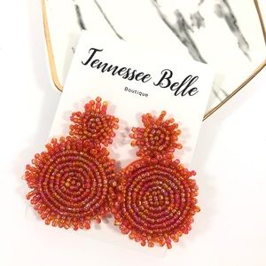 Red Irridesent Beaded Circle Statement Earrings